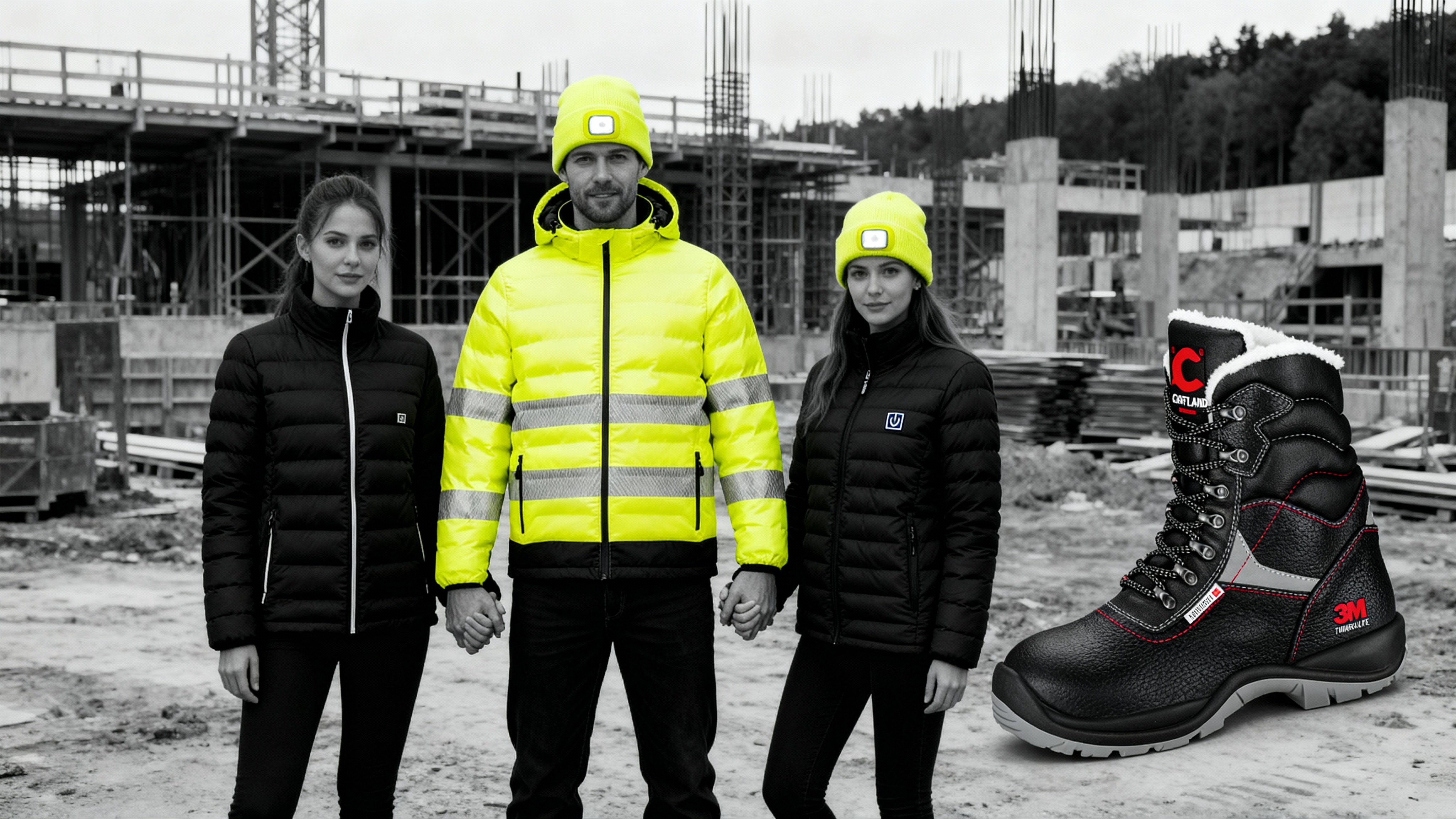 Man wearing@Yellow safety jacket and  @Knitted beanie hat   holding hands with the woman an kissing her gently wearing @Black puffer jacket @Black work boot @Knitted beanie hat. The background are construction site and the Models holdin (1)